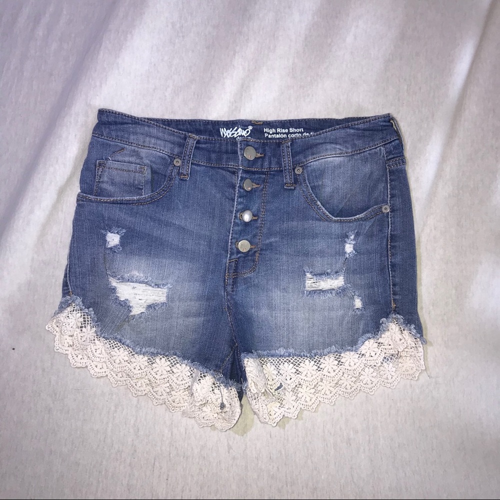 high-waisted jean shorts with lace edges